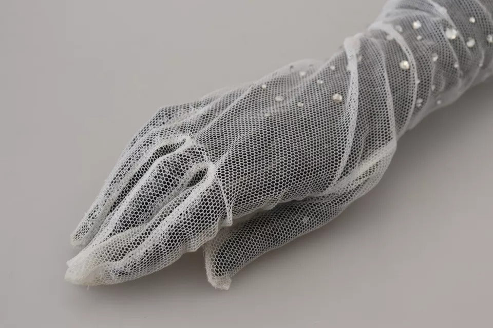 White Crystal Elbow Length Cotton Tulle Gloves