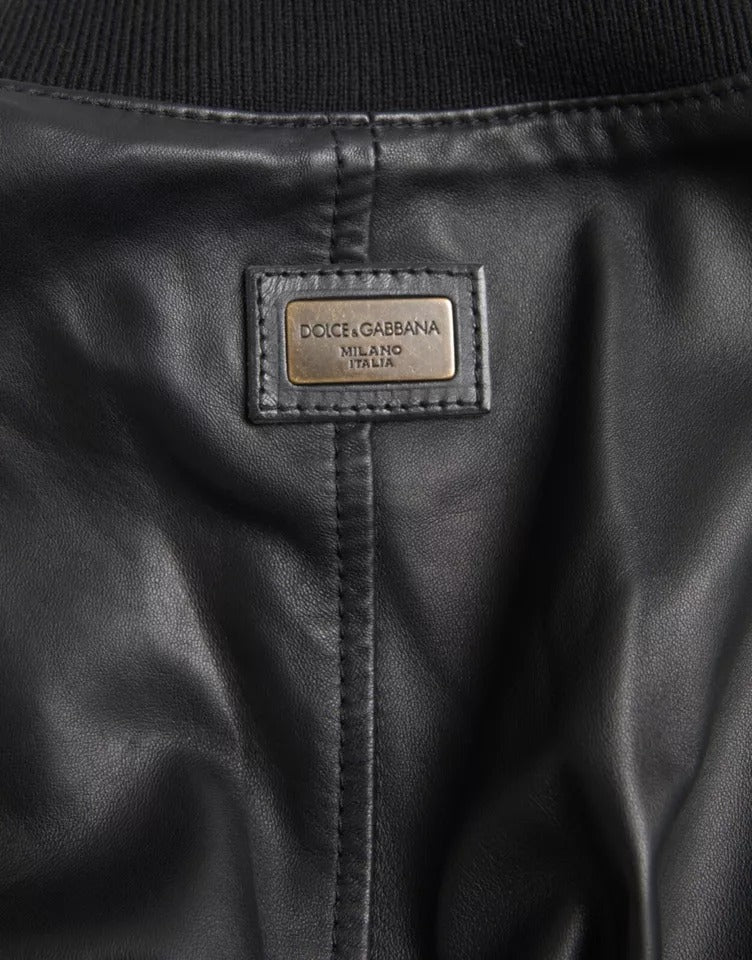 Black Bomber Leather Full Zip Biker Blouson Jacket