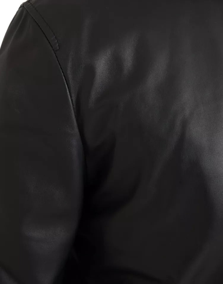 Black Bomber Leather Full Zip Biker Blouson Jacket