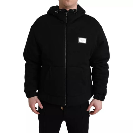 Black Cotton Hooded Logo Bomber Jacket