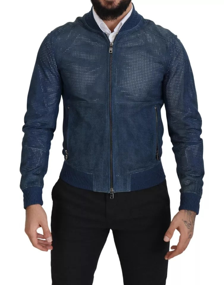 Blue Leather Perforated Full Zip Jacket