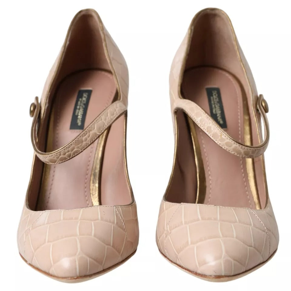 Beige Leather Mary Janes Embellished Shoes