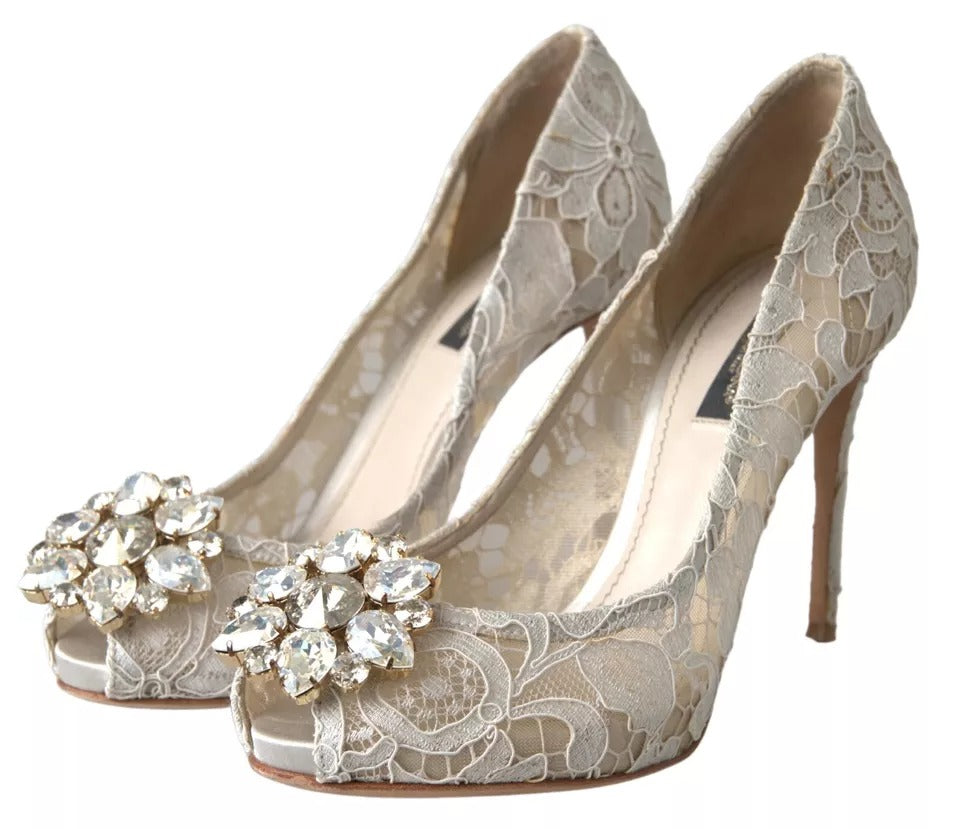 White Taormina Lace Crystal Heels Pumps Shoes