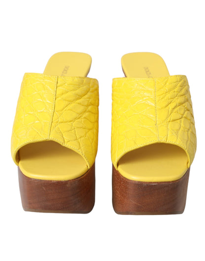 Yellow Leather Wood Mule Wedge Slides Shoes