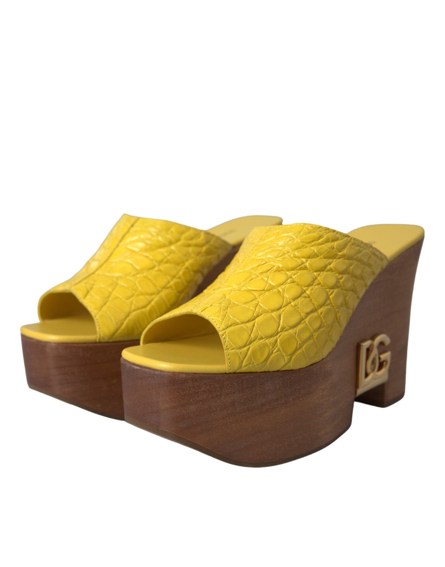 Yellow Leather Wood Mule Wedge Slides Shoes