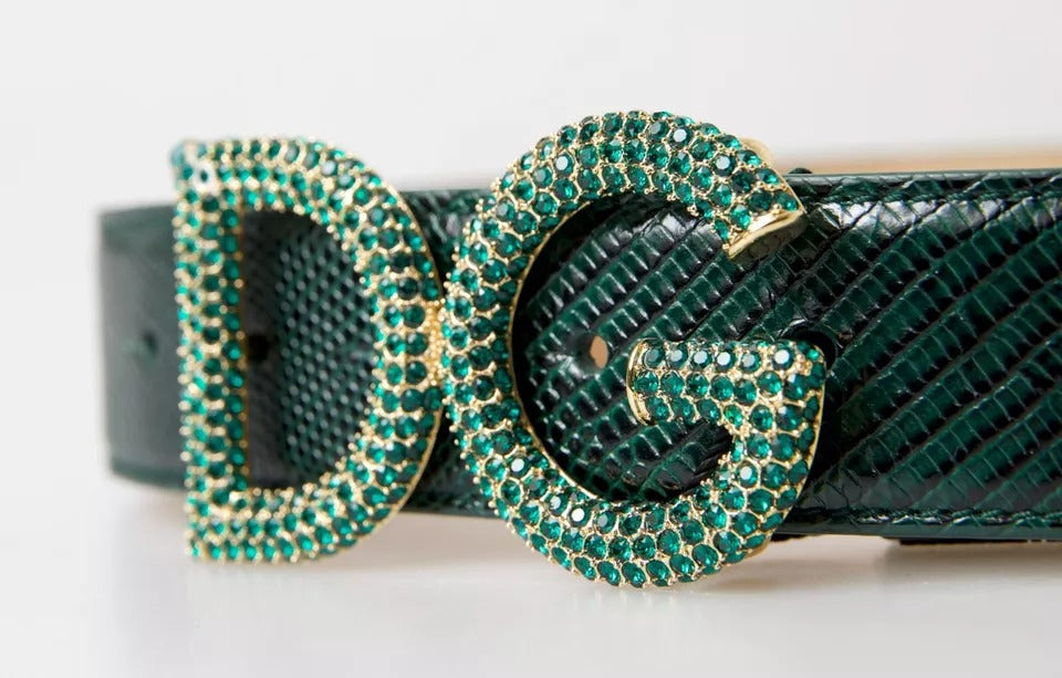 Green Iguana Leather DG Crystal Gold Buckle Belt