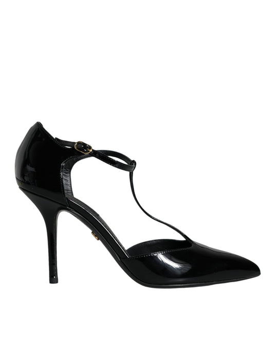 Black Patent Leather T-strap Heels Pumps Shoes