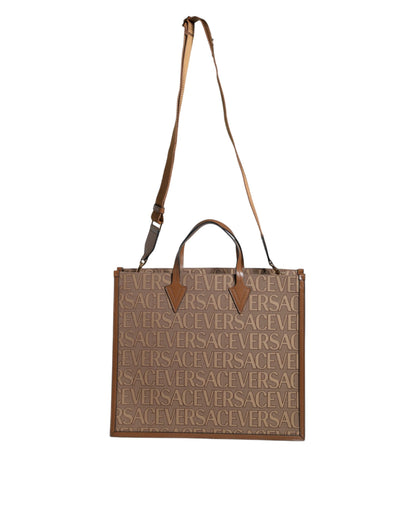 Brown Top Handle Jacquard Leather Logo Crossbody Tote Bag