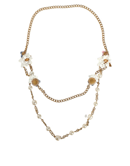 Gold Chain Brass Floral Layered Crystal Pearl Necklace