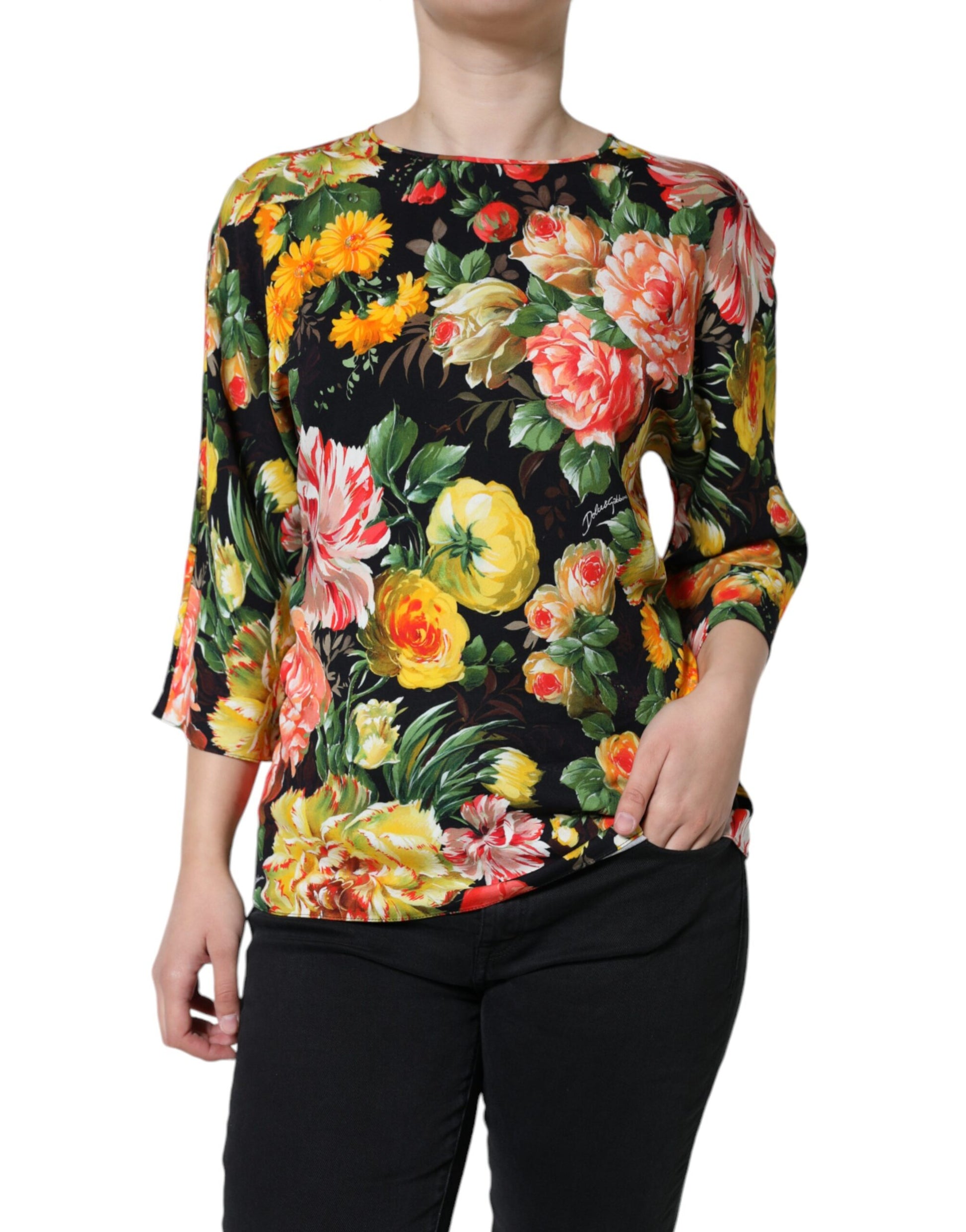 Multicolor Floral Viscose Round Neck Blouse Top