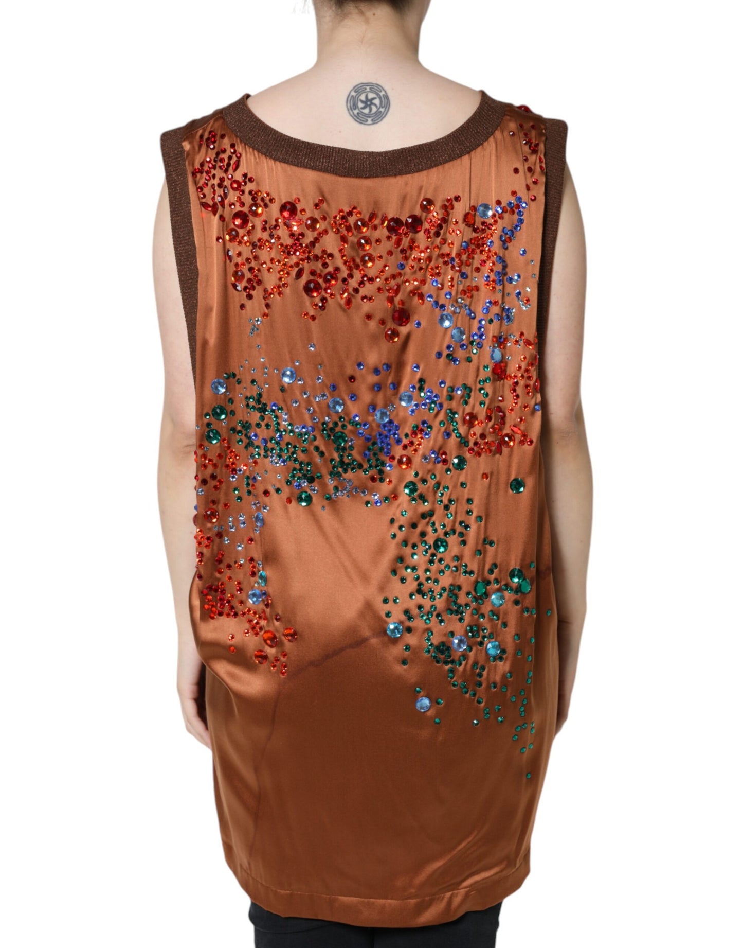 Brown Crystal Embellished Sleeveless Tank Top