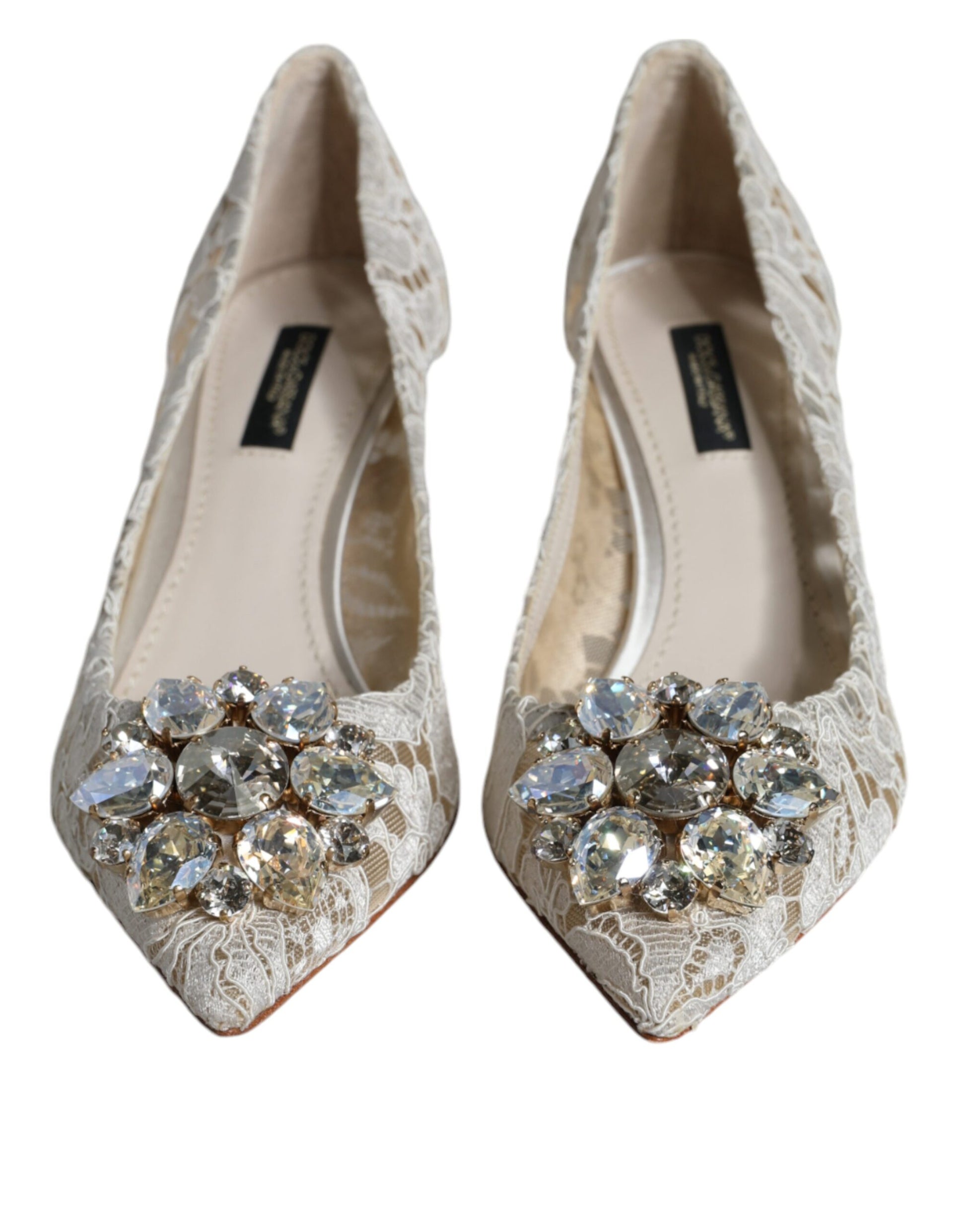 White Taormina Lace Crystal Heel Pumps Shoes