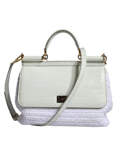 White Rafia Leather Top Handle Crossbody Bag