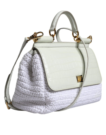 White Rafia Leather Top Handle Crossbody Bag