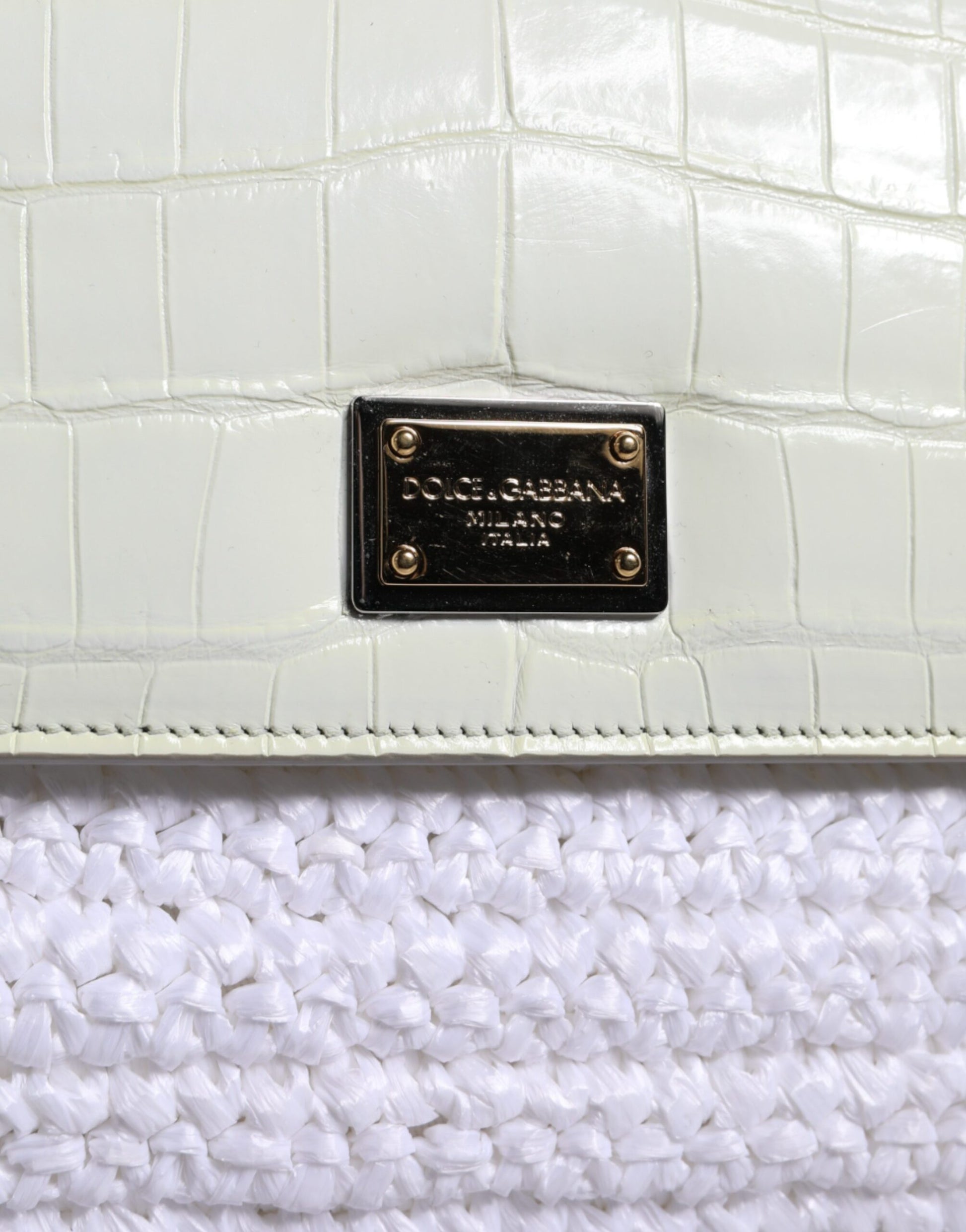 White Rafia Leather Top Handle Crossbody Bag