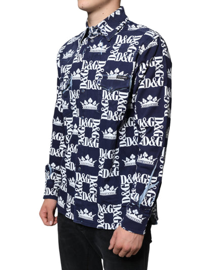 Blue Crown Logo Print Slim Fit Cotton Shirt