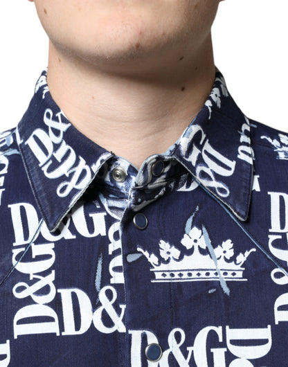 Blue Crown Logo Print Slim Fit Cotton Shirt