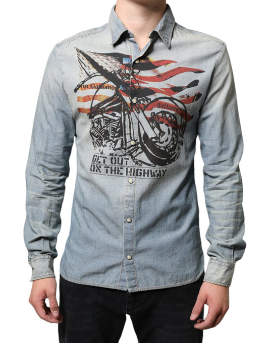 Light Blue Printed Cotton Denim Long Sleeves Shirt