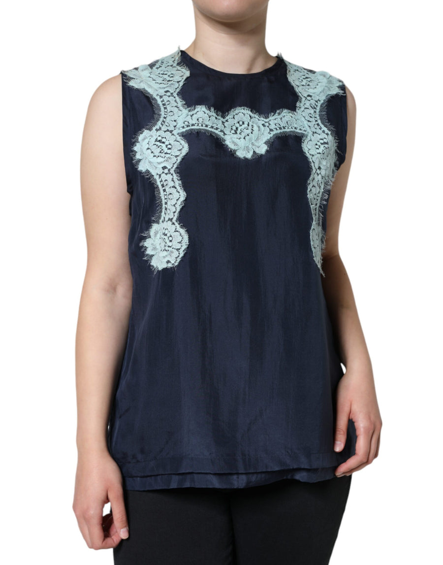 Blue Floral Lace Silk Sleeveless Tank Top