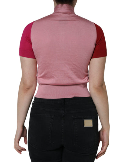 Pink Short Sleeves Pullover Ascot Collar Top