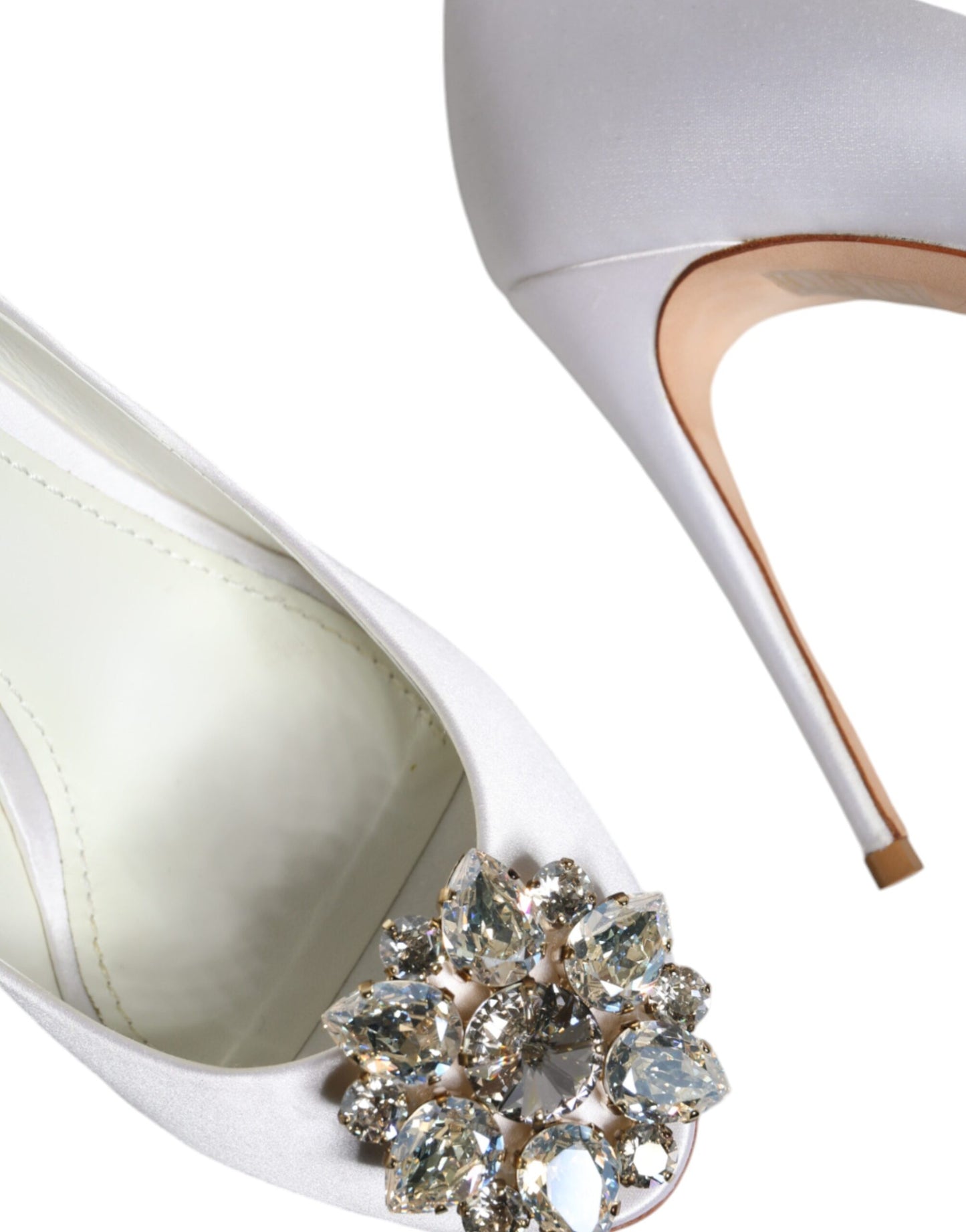 White Crystals Peep Toe Satin Pumps Shoes