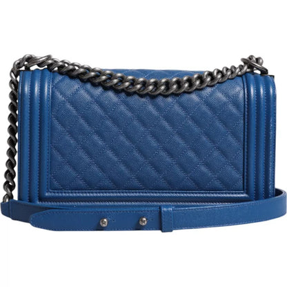 Blue Lambskin Double Chain Leather Medium Shoulder Bag