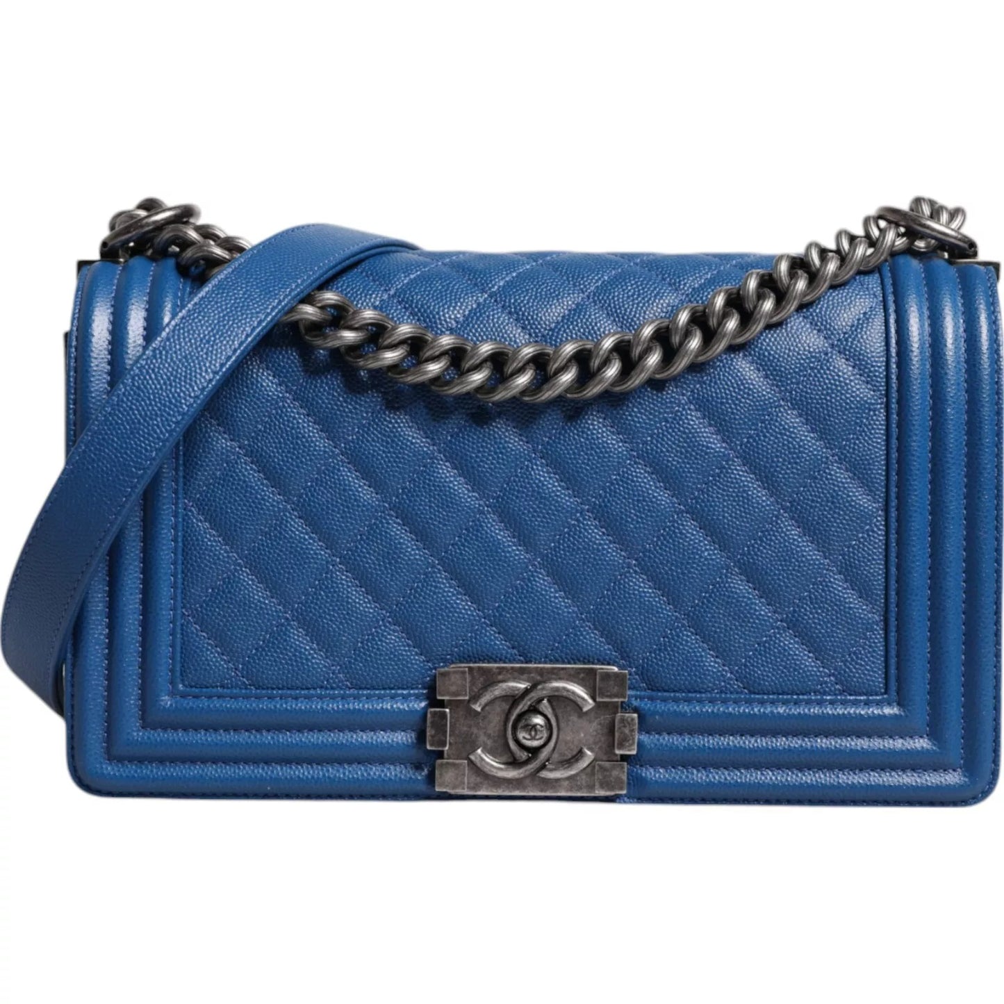 Blue Lambskin Double Chain Leather Medium Shoulder Bag