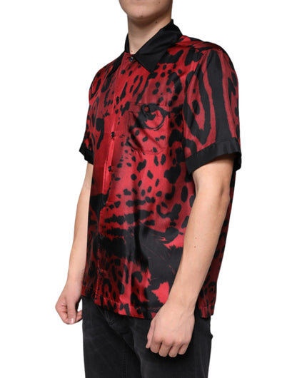 Red Leopard Silk Button Down Casual Shirt