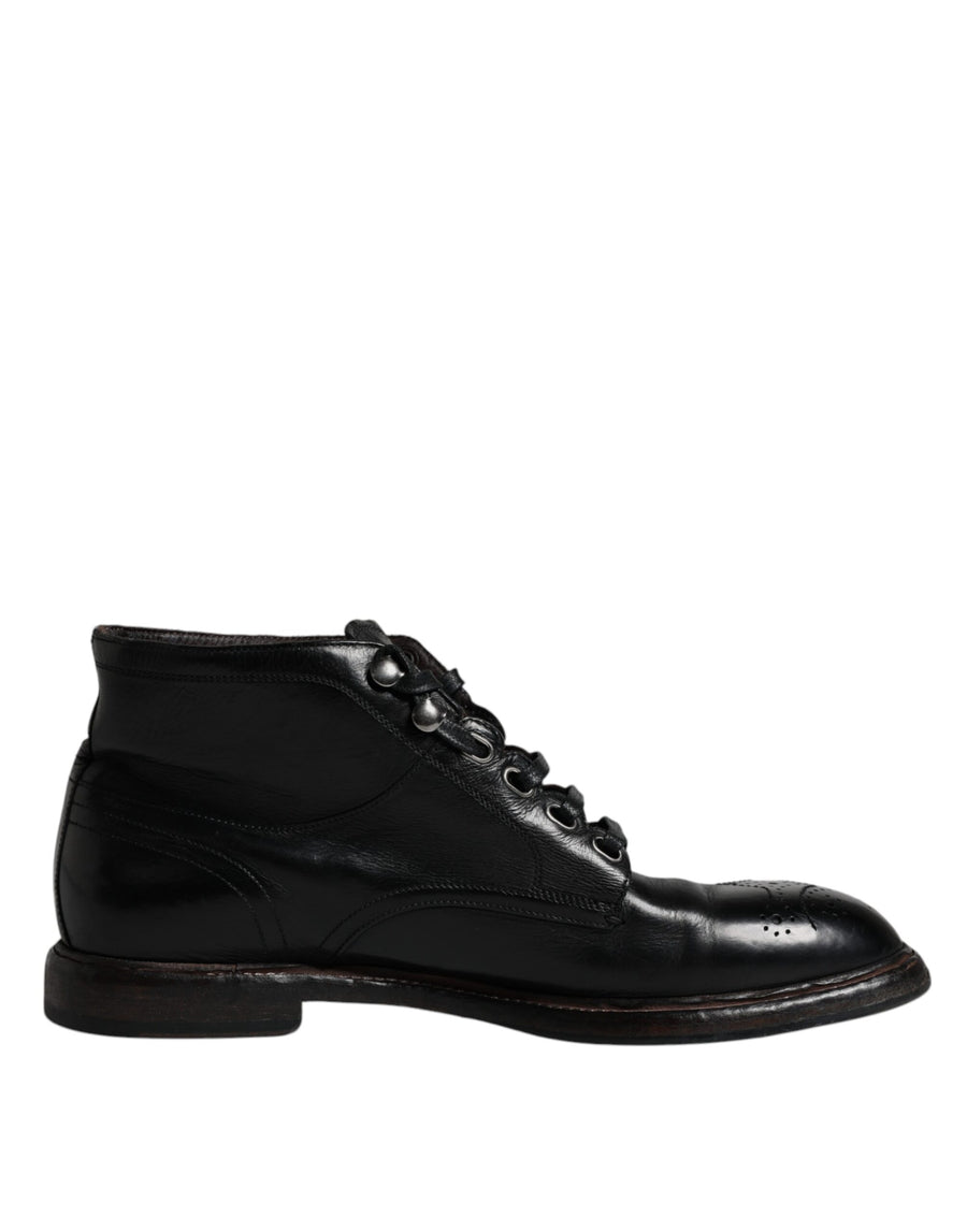 Black Leather Men Short Boots Lace Up Shoes