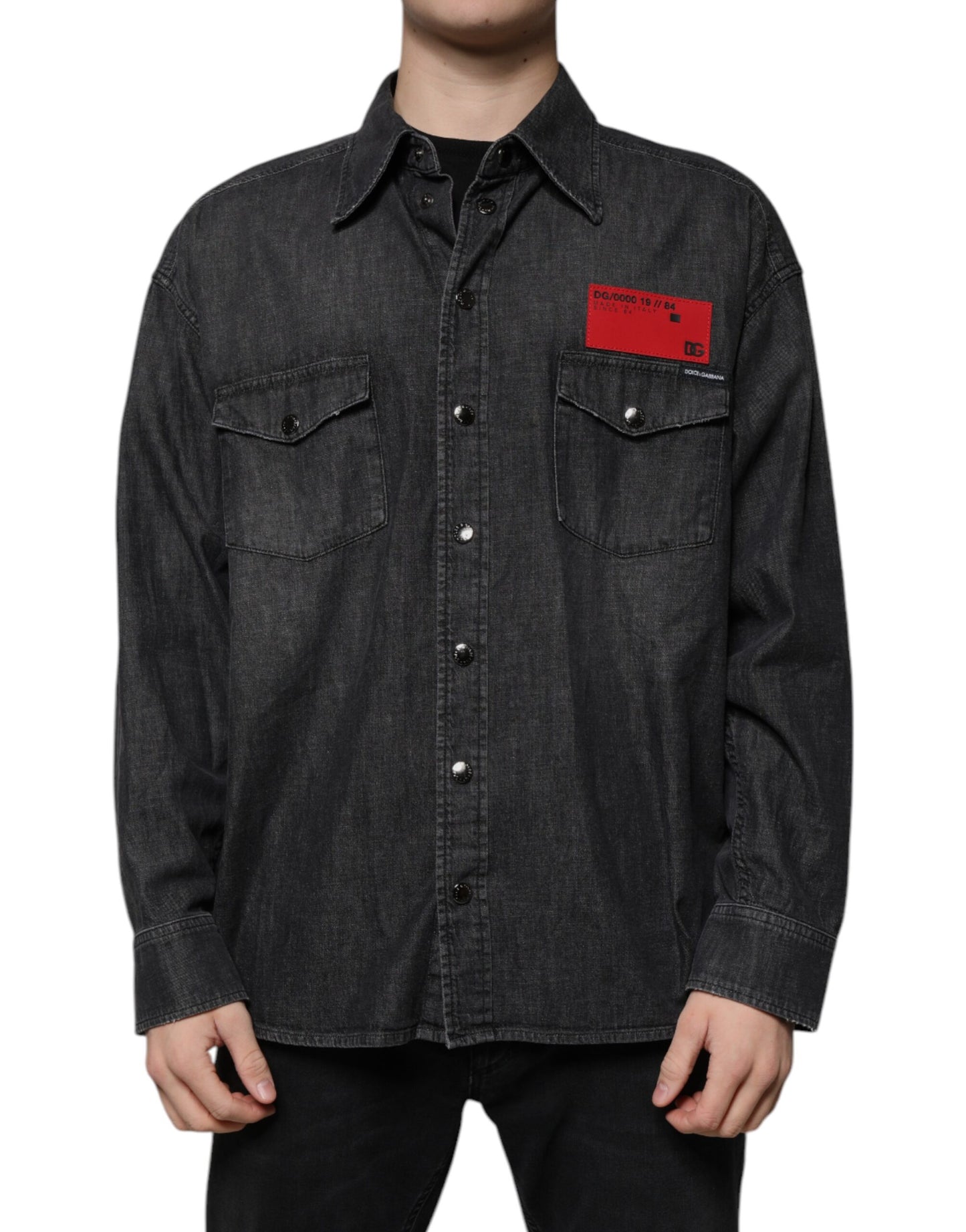 Black Logo Cotton Button Down Denim Shirt