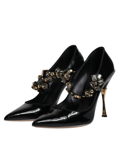 Black Leather Crystal Mary Jane Pumps Shoes