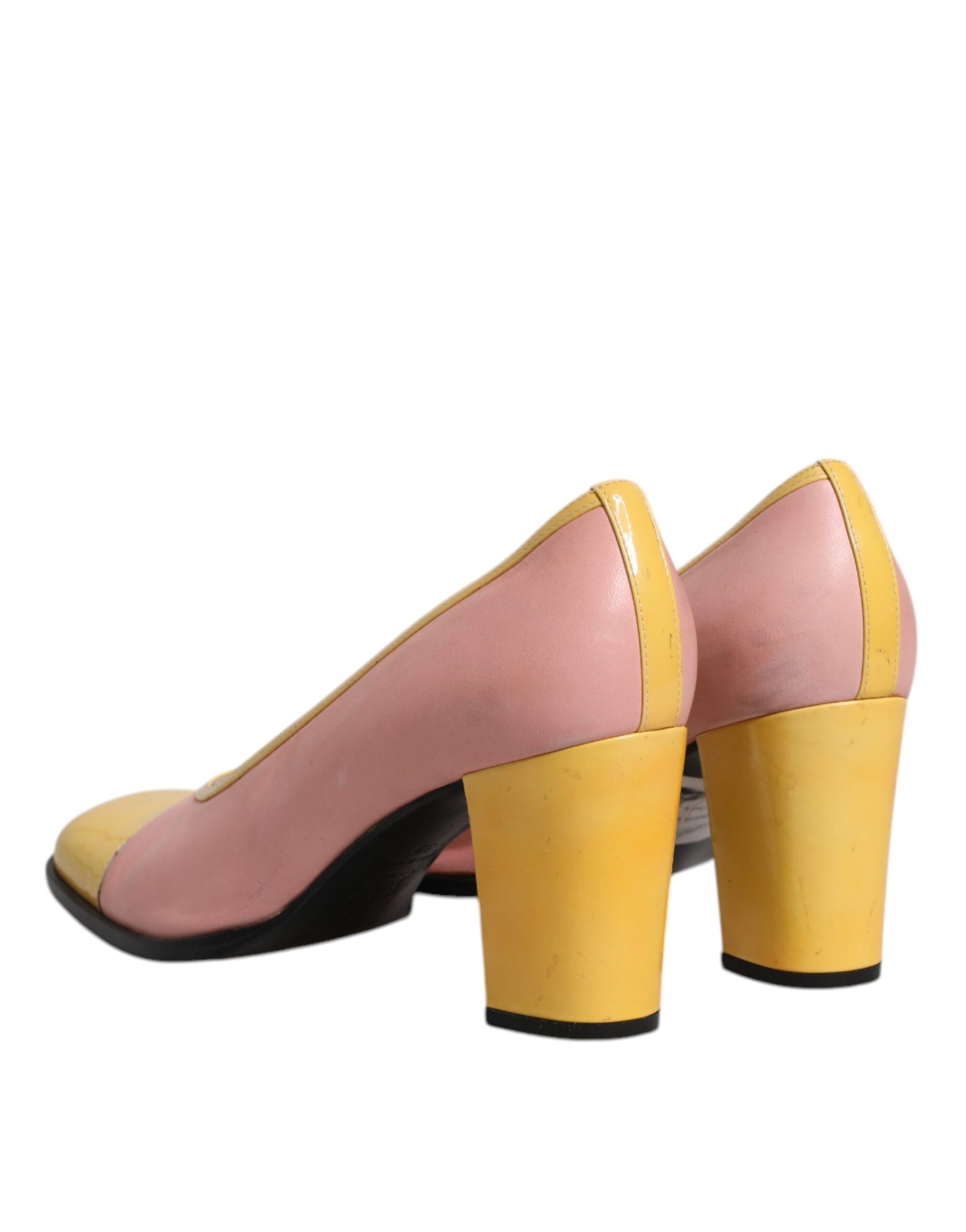 Pink Yellow Leather Block Heels Pumps Shoes