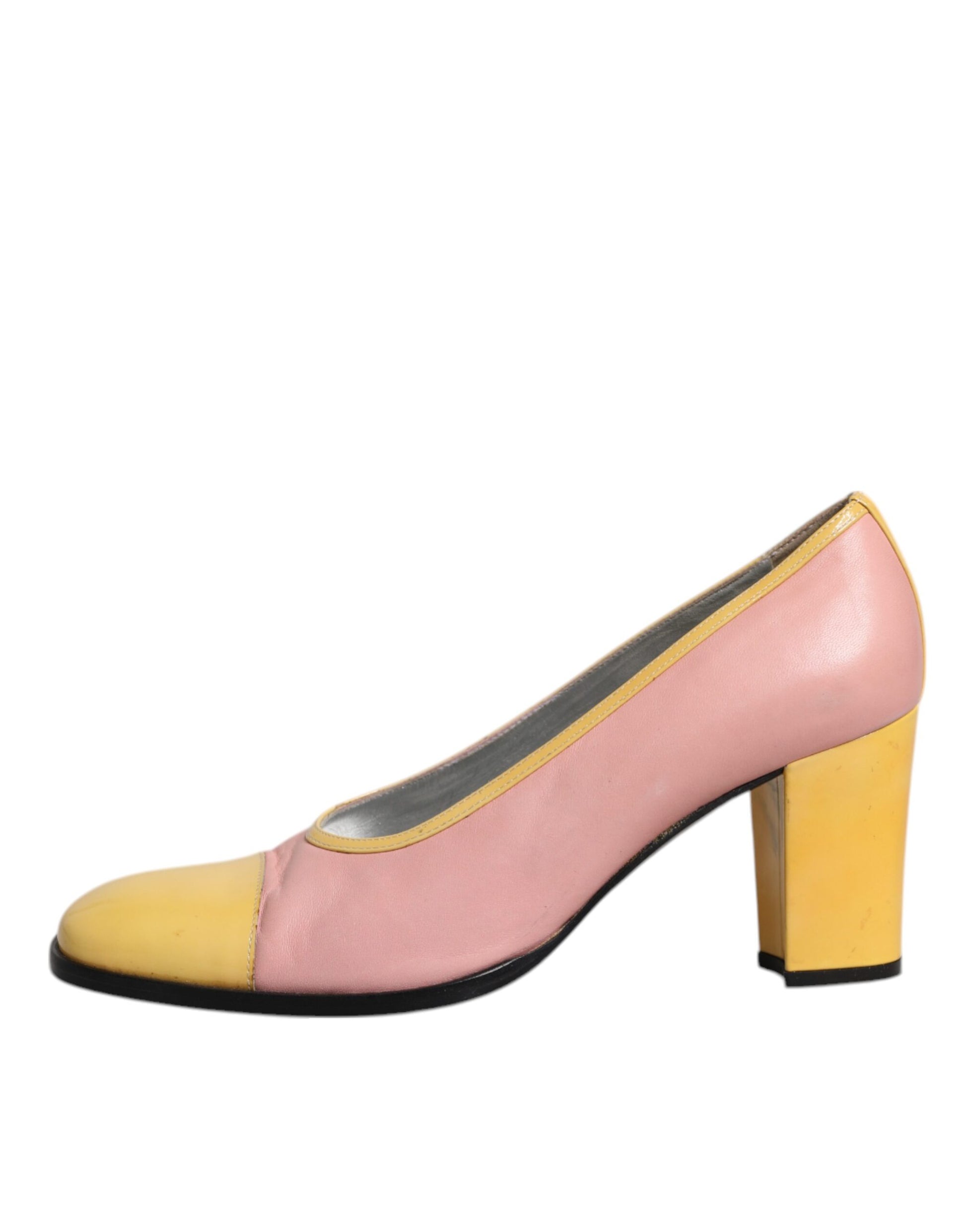 Pink Yellow Leather Block Heels Pumps Shoes