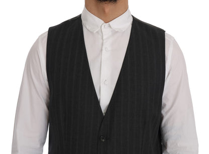 Elegant Gray Striped Single Breasted Vest