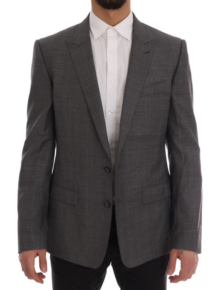 Sleek Gray Checkered Wool Blazer