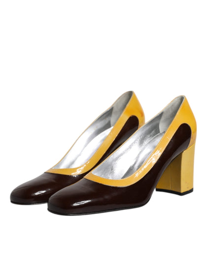 Yellow Brown Leather Block Heel Pumps Shoes