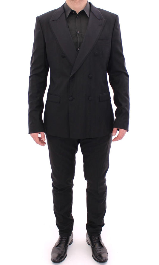 Elegant Black Striped Wool-Silk Blend Suit