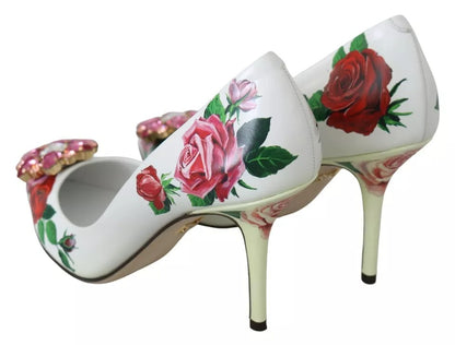 White Leather Roses Crystal Pumps Shoes