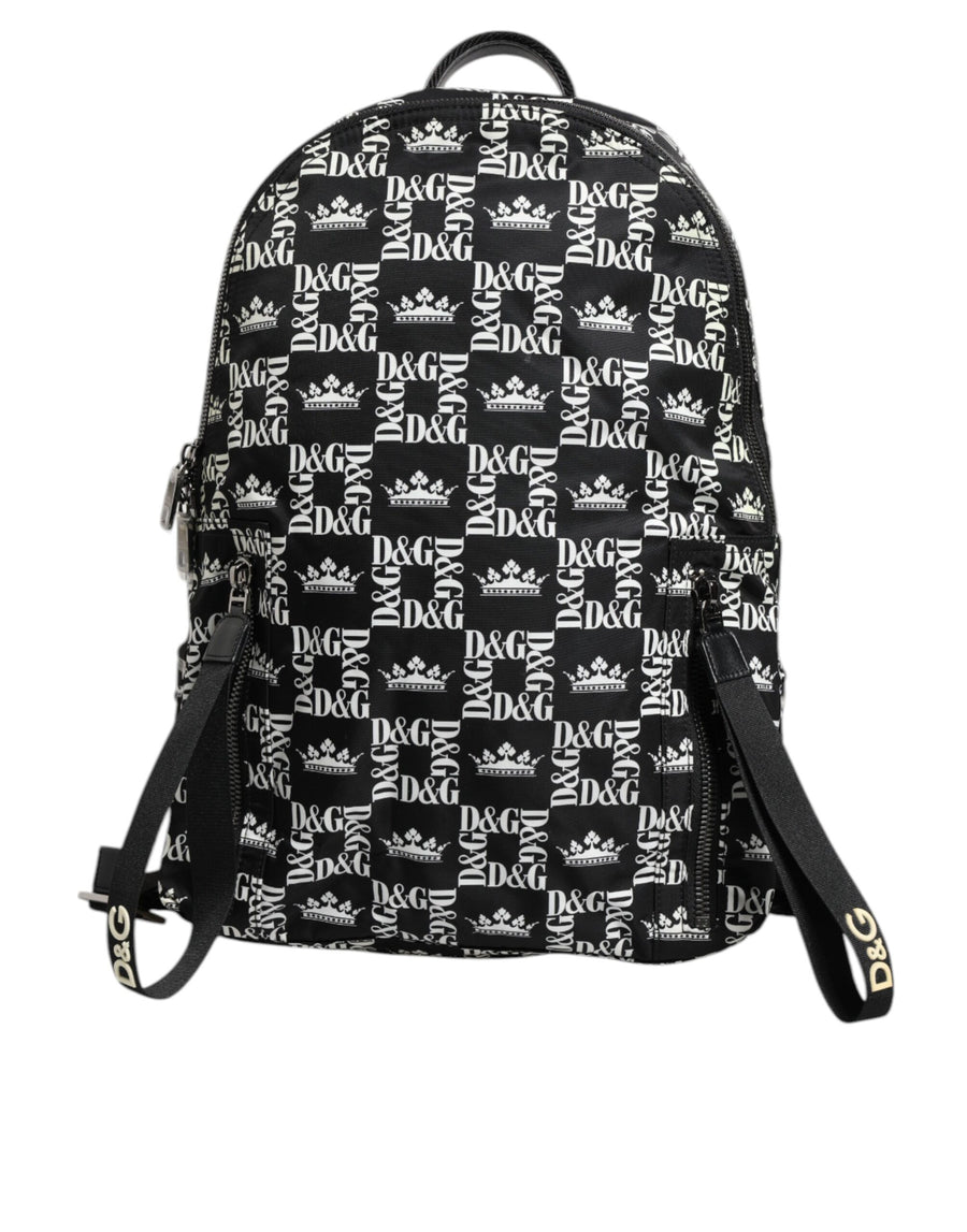 Black White Crown Printed Nylon School Backpack Bag