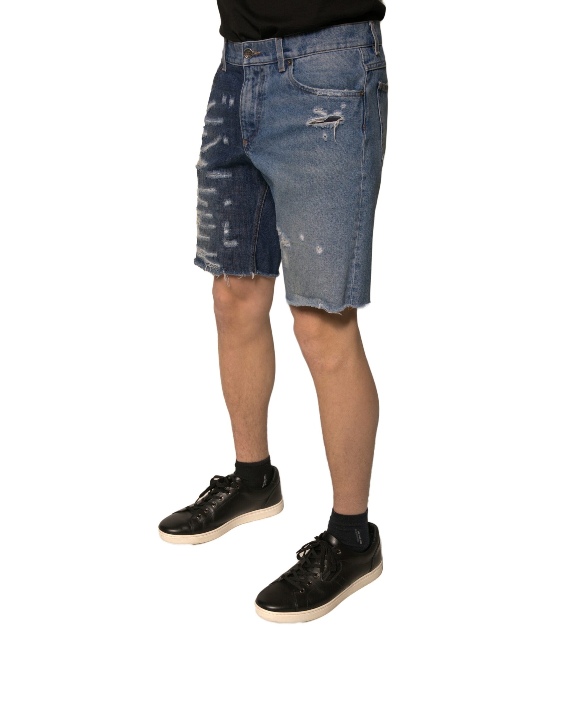 Blue Tattered Cotton Men Bermuda Denim Shorts