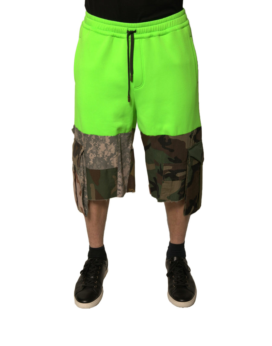 Green Patchwork Cargo Bermuda Shorts