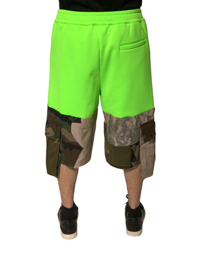 Green Patchwork Cargo Bermuda Shorts