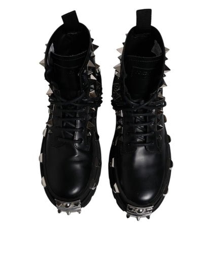 Black Leather Studded Trekking Boots Shoes