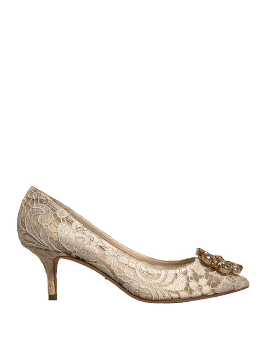 White Taormina Lace Crystal Heel Pumps Shoes