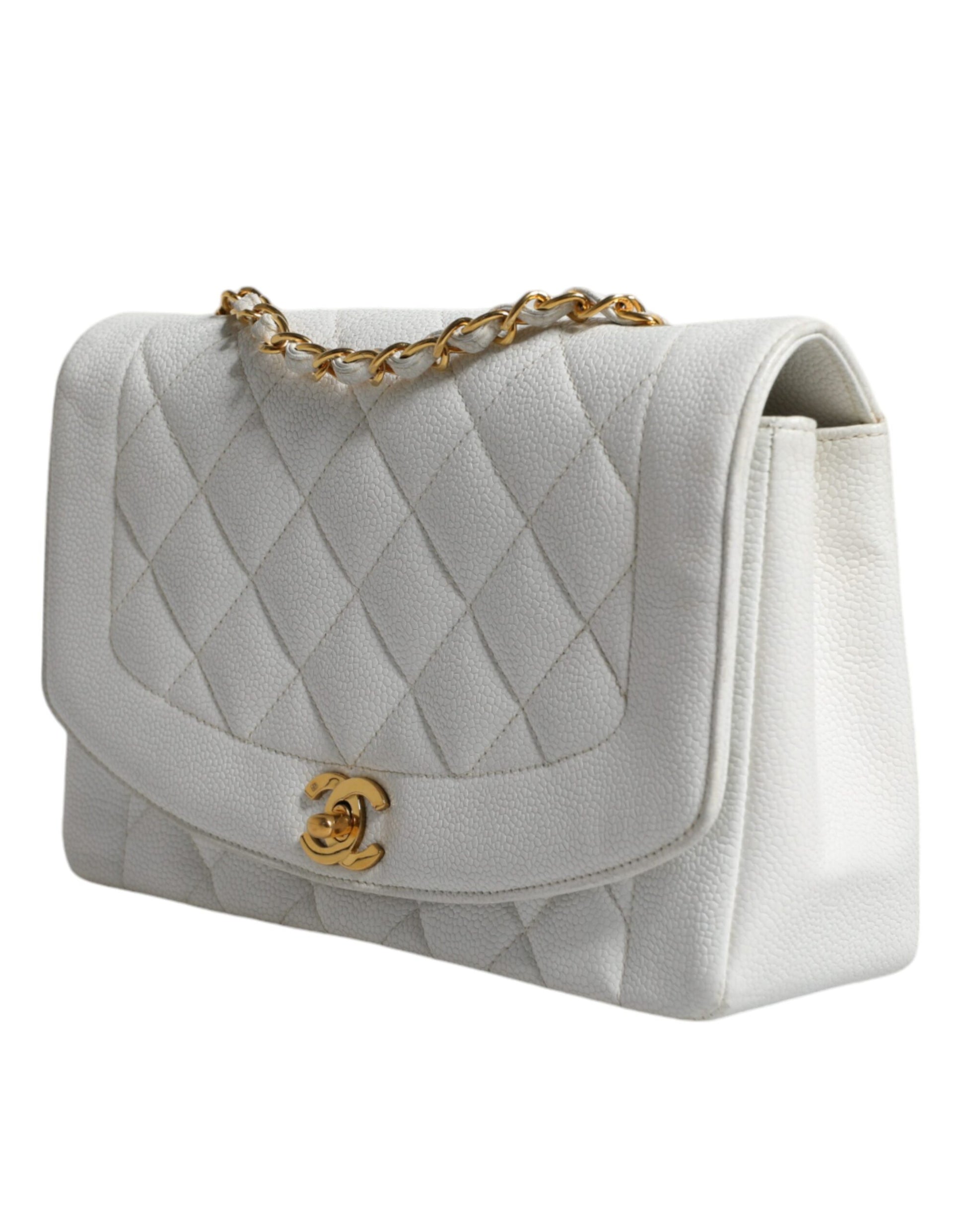 White Medium Classic DIANA Shoulder Bag Gold Plated Purse