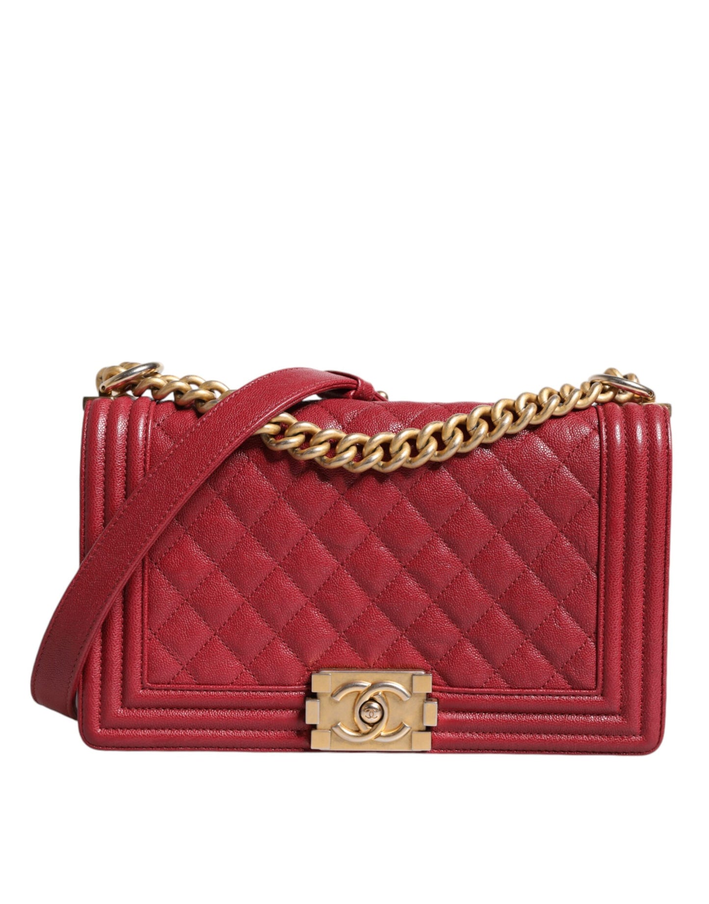 Red Leather Lambskin Double Gold Chain Medium Shoulder Bag