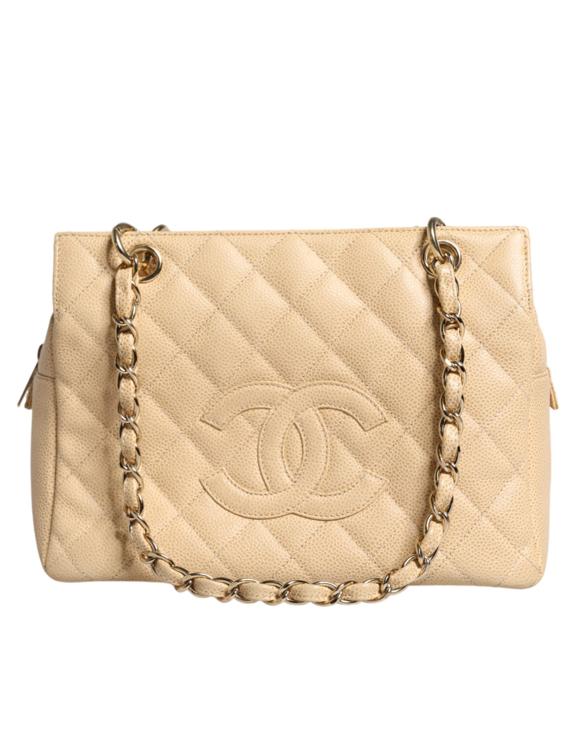 Beige Caviar De Coco Chain Leather Purse Bag