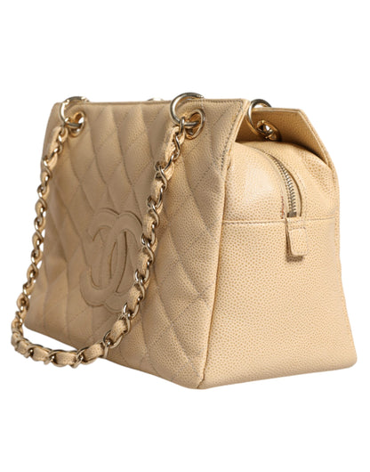 Beige Caviar De Coco Chain Leather Purse Bag