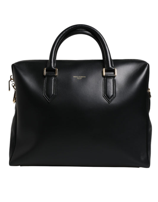 Black Calfskin Leather Heat Pressed Logo Briefcase Bag