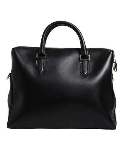 Black Calfskin Leather Heat Pressed Logo Briefcase Bag